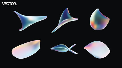 Fototapeta premium Holographic Iridescent Liquid Shapes 3D Vector Abstract Set on Black Background