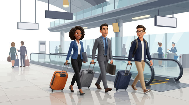 Diverse group of business travelers walking with luggage at airport terminal