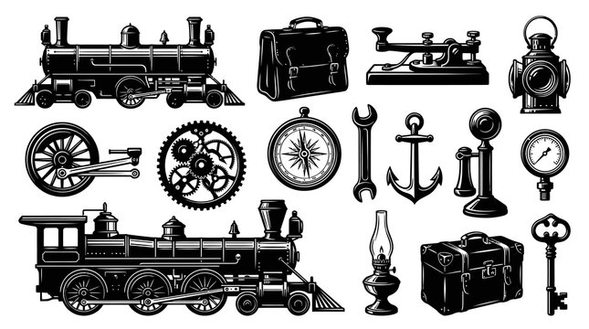 Vintage Industrial Engineering and Steampunk Elements Set. Black  White Engraving Style Icons.