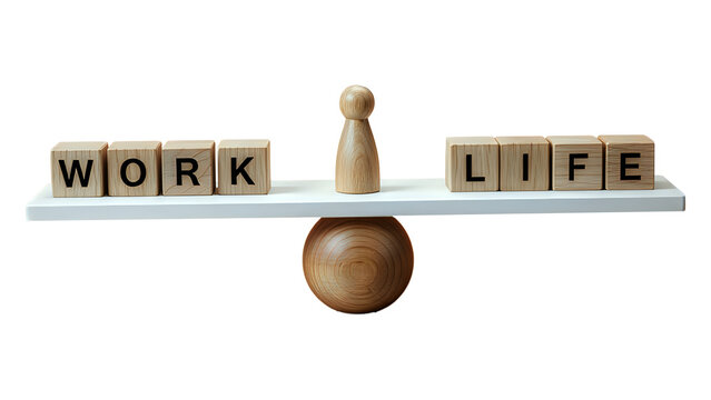 Wooden blocks spelling out the words work and life balanced on a wooden seesaw with a single wooden peg doll standing in the center, representing the concept of work-life balance