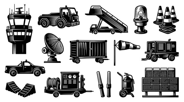 Airport Ground Support Equipment Vector Set, Aviation Elements in Black and White Vintage Engraved Style