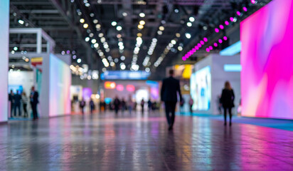 Fototapeta premium A blurred perspective of a vibrant exhibition hall featuring colorful lights and displays, with people walking throughout the spacious area.