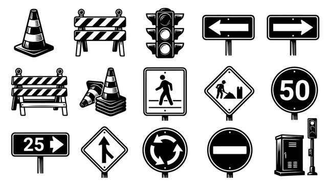 Black and White Vintage Style Traffic and Road Safety Icons Set. Construction, Warning, and Regulatory Elements.