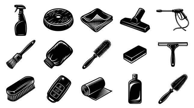 Black and White Vector Icons of Car Detailing and Cleaning Tools