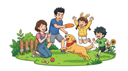 Naklejka premium Children and dog playing with frisbee in the garden outdoors