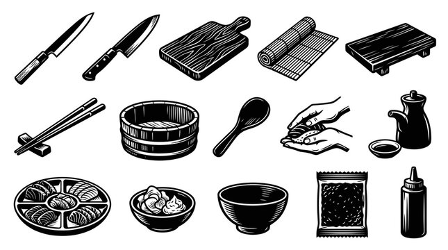 Food Industry: Japanese Sushi Making Tools, Kitchenware, and Ingredients Vector Icons in Black  White Line Art