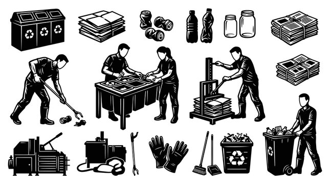 Recycling Black and White Vector Icons - Waste Management and Sustainability