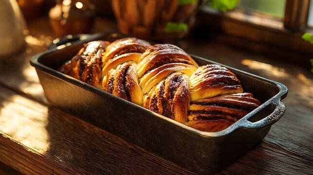 Freshly baked babka braid in cast iron loaf pan