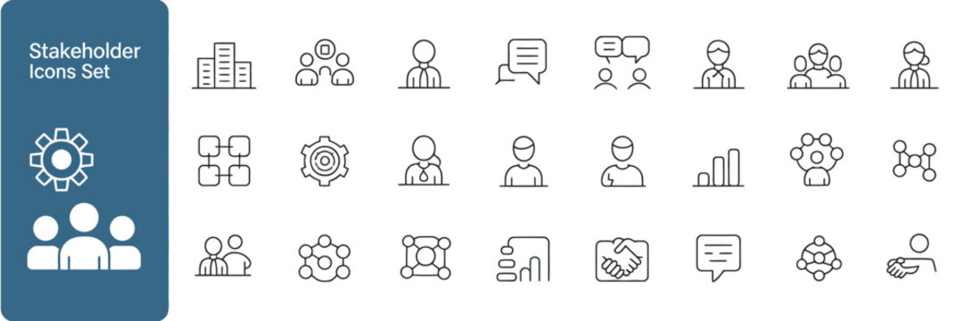 Comprehensive stakeholder management and corporate communication outline icon collection