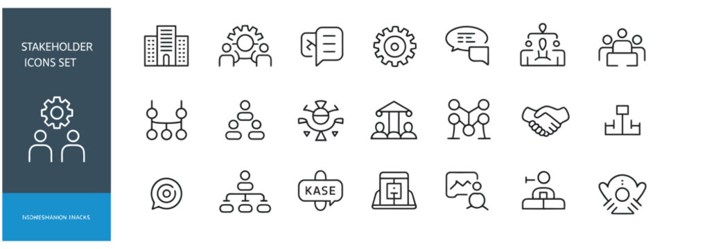 Corporate stakeholder and business strategy outline icons for professional workflows