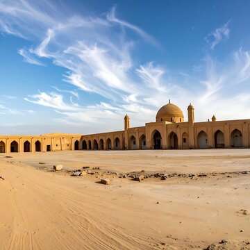 A desert landscape with a large, sandy-colored building