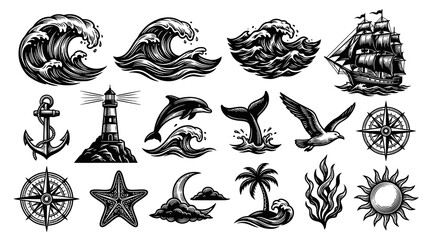 Obraz premium Nautical Tattoo Vector Set: Waves, Ship, Compass, Anchor, Lighthouse, Dolphin, Seagull, Starfish, Moon, Palm Tree, Sun