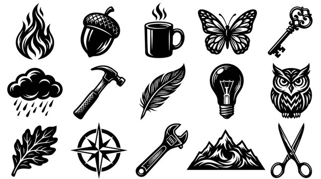 Black and white vector icons of nature, tools, and animals, retro style