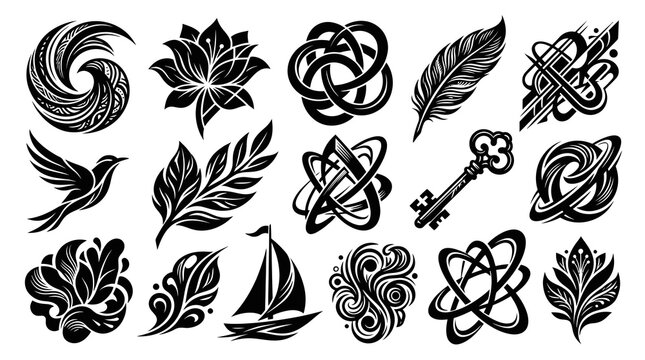 Black and White Vector Icons: Nature, Symbols, and Ornaments