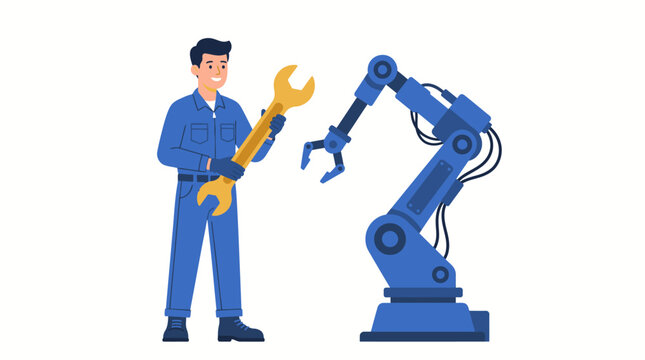 2d man with robot , worker, 3d, illustration, vector, helmet, mechanic, industry, handyman, uniform, service, occupation, tool, job, character, builder, cartoon, construction, people, work, plumber, r