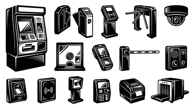 Black and White Line Art Icons of Security and Access Control Technology Devices
