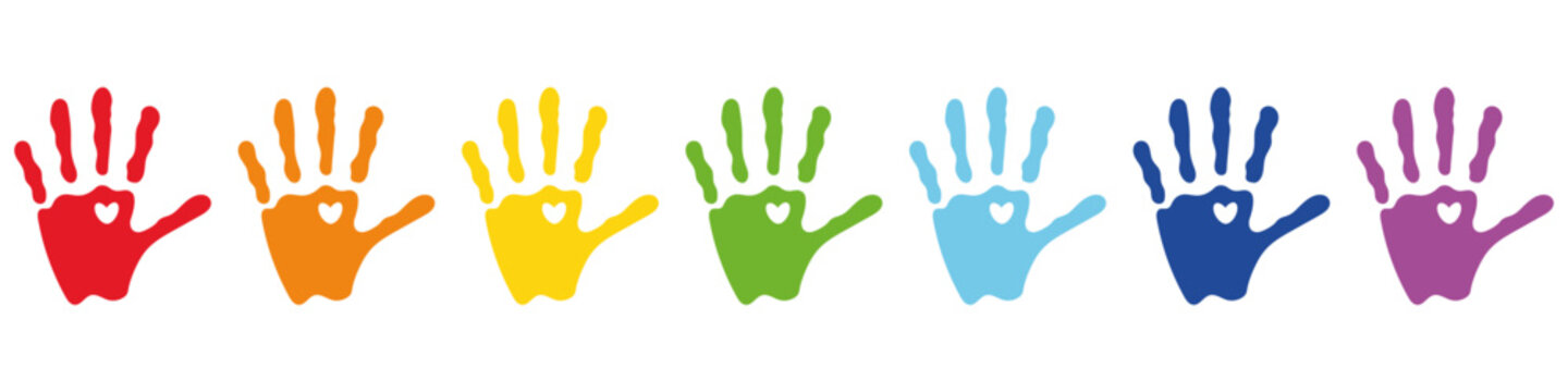 Colorful handprint icons set with heart symbol rainbow palette children paint marks collection creative art shapes bright playful design for education kids activity illustration