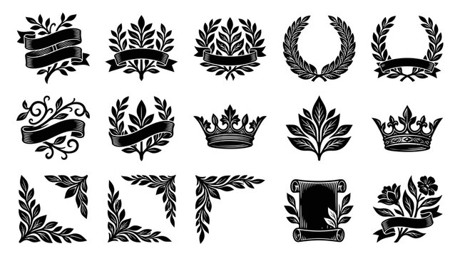 Black and White Vintage Heraldic Ornaments Set: Laurel Wreaths, Crowns, Ribbons, Scrolls, and Floral Decor