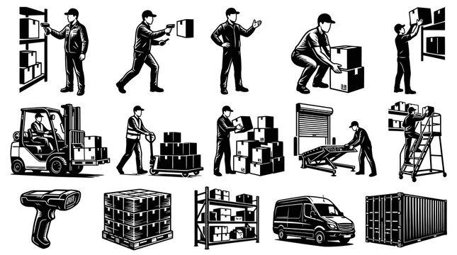 Black  White Line Art: Warehouse Logistics Operations - Workers, Forklifts, Boxes, and Shipping Elements
