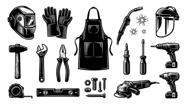 Welding, Construction, and Repair Tools Kit. Black and White Vintage Engraving Style Icons Collection