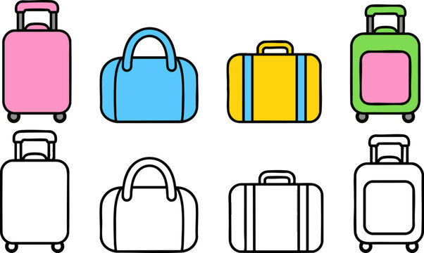 Colorful and black-and-white illustrations of different types of luggage and bags, including suitcases and handbags, in two rows.