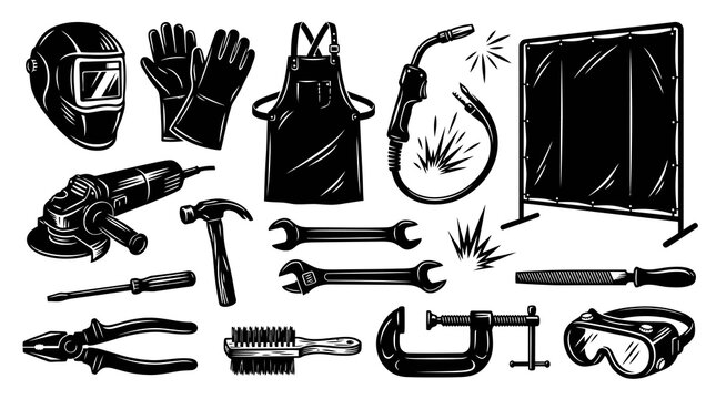 Welding and Metalworking Tools Equipment Set Black and White Vintage Illustration