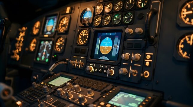 Glowing complex dashboard control panel dials in the dark