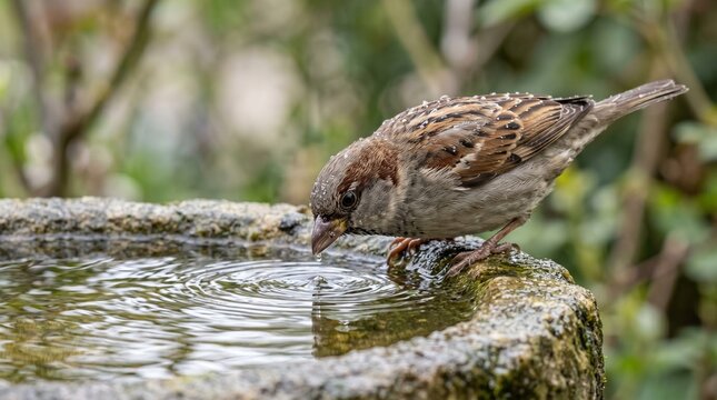 House sparrow drinking from stone bird bath in garden with soft natural background 