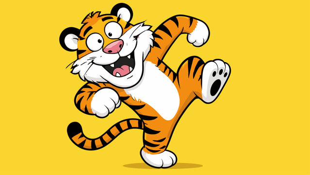 Excited baby tiger character doing a high kick or dance step with an open mouth smile