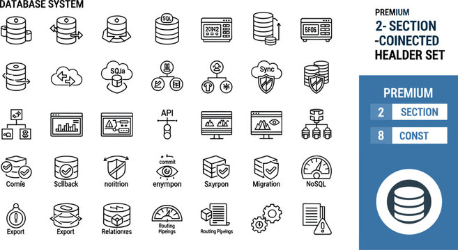 Database system SQL synchronization replication migration analytics routing NoSQL workflow infrastructure outline icon set editable vector collection pack