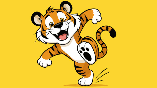 Funny tiger cub performing a high kick dance move with a very happy and joyful expression