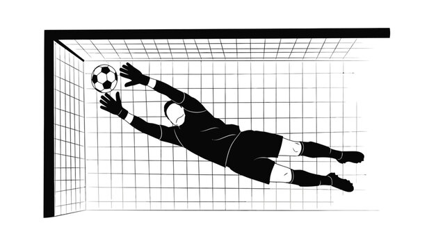 silhouette of a soccer goalkeeper diving to catch the ball in front of a goal net high quality professional detailed modern elegant stylish clean