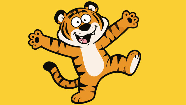 Happy tiger character performing a funny dance or jump with a big toothy smile in vector format