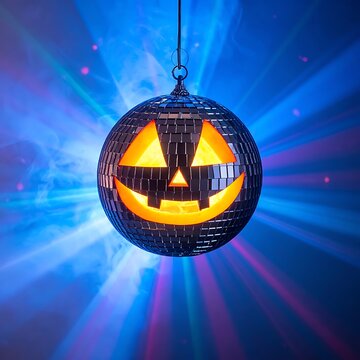 A disco ball with a jack-o-lantern face shines brightly