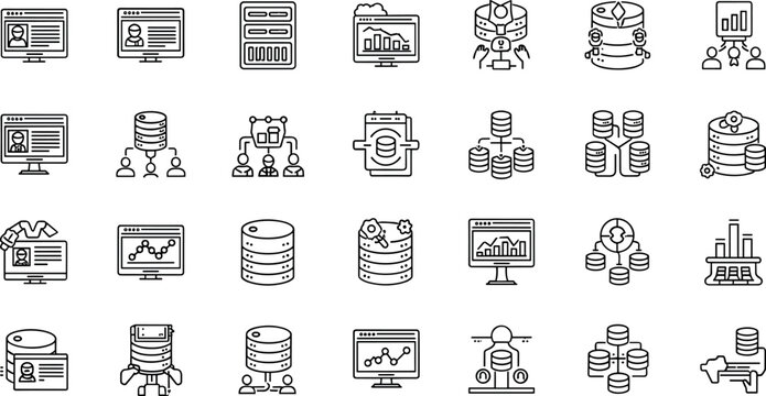 Database analytics server storage monitoring data management network infrastructure outline icon set technology dashboard vector collection pack