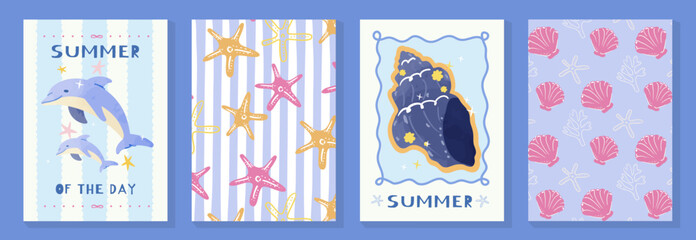 Cute summer beach poster and pattern set vector. Hand drawn dolphin, starfish, shell and pink scallop background design for video template, banner, kids ads.