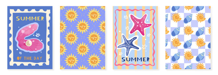 Obraz premium Cute summer beach poster and seamless pattern set vector. Hand drawn seashell, smiling sun, starfish, checkerboard and striped background design for video template, banner, travel ads.