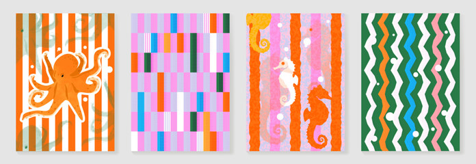 Colorful summer sea life poster set vector. Hand drawn octopus, abstract stripes, seahorse and wave pattern background design for video template, banner, beach ads. © TWINS DESIGN STUDIO
