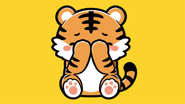 Shy tiger cub covering its eyes with its paws and peeking out in a cute and bashful pose