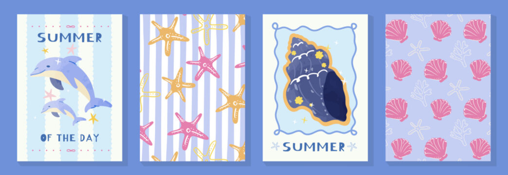 Cute summer beach poster and pattern set vector. Hand drawn dolphin, starfish, shell and pink scallop background design for video template, banner, kids ads.