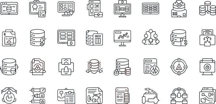 Database analytics storage monitoring migration replication workflow infrastructure dashboard management outline icon set editable vector collection technology pack