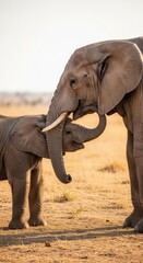 Fototapeta premium Gentle elephant calf nuzzling its mother in savanna