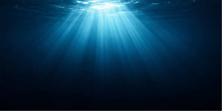 A bright sunburst of light beams and blue rays creates a glowing motion design through the deep underwater ocean water