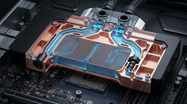 Advanced liquid cooling system for computer processors and graphics cards with copper heatsink and transparent tubes showing blue coolant flow on a motherboard