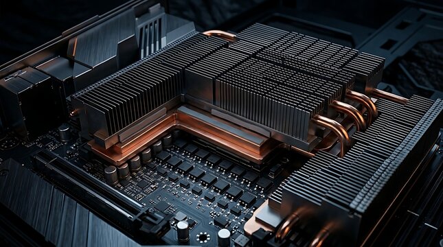 Close-up of advanced computer cooling system with copper heat pipes and heatsink on a motherboard, depicting powerful electronics and technology