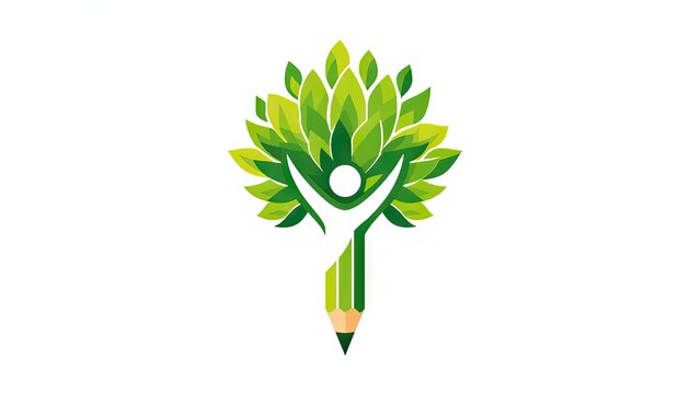 Creative logo featuring a green pencil transforming into a human figure with outstretched arms surrounded by a crown of green leaves