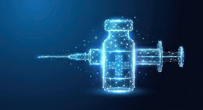 Futuristic low-poly glowing blue medical vial and syringe representing vaccination or liquid medicine on a dark blue background