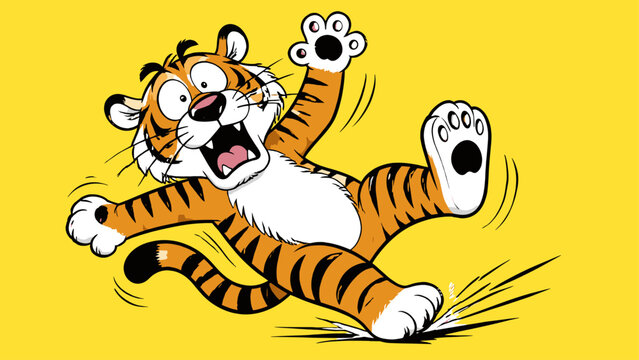 Funny tiger cub slipping and falling down with a surprised expression and wide eyes in a dynamic action pose