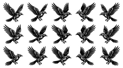 Obraz premium Gothic Black and White Flying Raven Vector Set with Engraving Style for Tattoo, Mythology and Wildlife Art