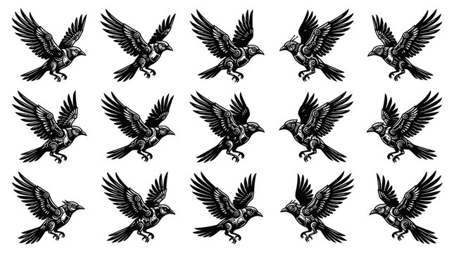 Gothic Black and White Flying Raven Vector Set with Engraving Style for Tattoo, Mythology and Wildlife Art